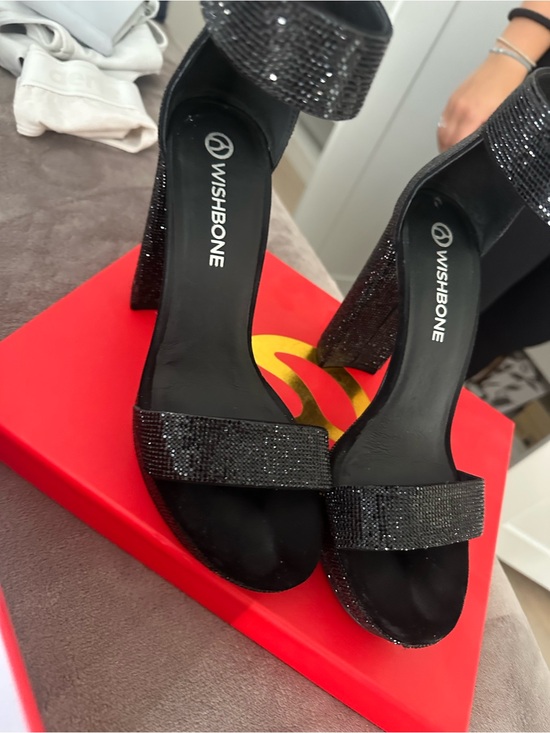 Wishbone Shoes - Wishbone Black Sparkle Block Heel Sandals